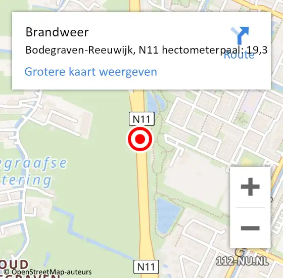 Locatie op kaart van de 112 melding: Brandweer Bodegraven-Reeuwijk, N11 hectometerpaal: 19,3 op 23 november 2022 09:28