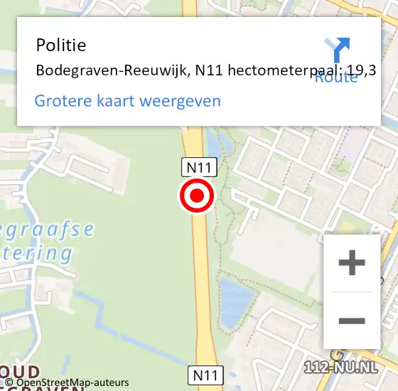Locatie op kaart van de 112 melding: Politie Bodegraven-Reeuwijk, N11 hectometerpaal: 19,3 op 23 november 2022 09:28