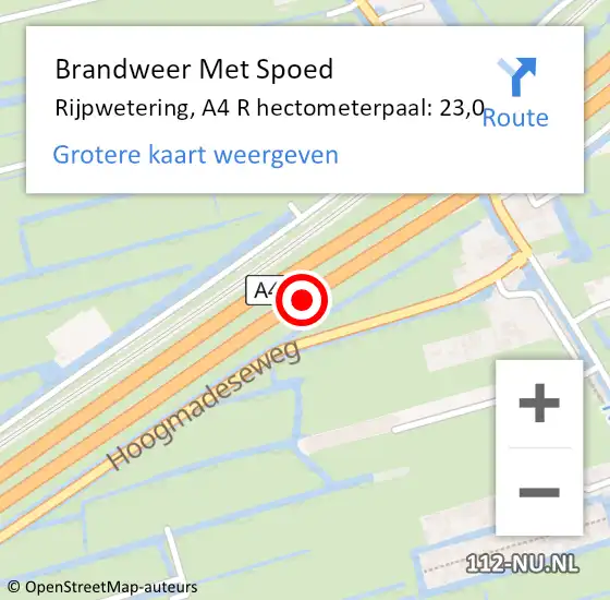 Locatie op kaart van de 112 melding: Brandweer Met Spoed Naar Rijpwetering, A4 R hectometerpaal: 23,0 op 5 augustus 2014 22:57