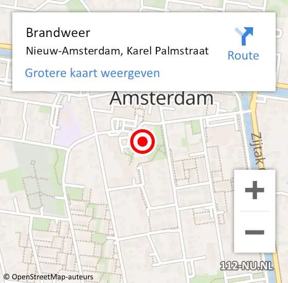 Locatie op kaart van de 112 melding: Brandweer Nieuw-Amsterdam, Karel Palmstraat op 23 november 2022 16:01