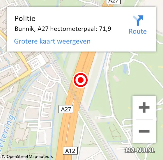 Locatie op kaart van de 112 melding: Politie Bunnik, A27 hectometerpaal: 71,9 op 23 november 2022 16:09