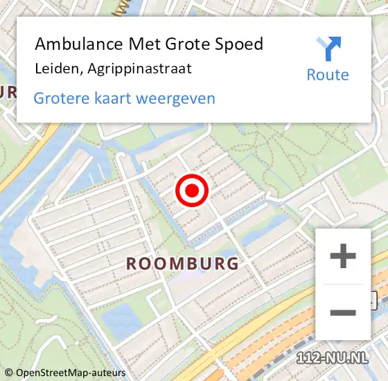 Locatie op kaart van de 112 melding: Ambulance Met Grote Spoed Naar Leiden, Agrippinastraat op 23 november 2022 16:57