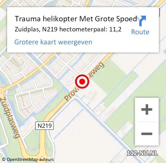 Locatie op kaart van de 112 melding: Trauma helikopter Met Grote Spoed Naar Zuidplas, N219 hectometerpaal: 11,2 op 23 november 2022 17:18
