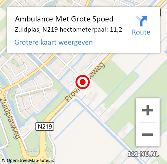 Locatie op kaart van de 112 melding: Ambulance Met Grote Spoed Naar Zuidplas, N219 hectometerpaal: 11,2 op 23 november 2022 17:21