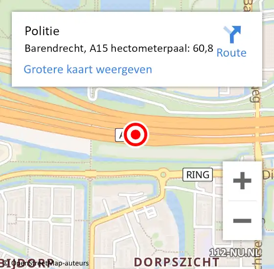 Locatie op kaart van de 112 melding: Politie Barendrecht, A15 hectometerpaal: 60,8 op 23 november 2022 17:21