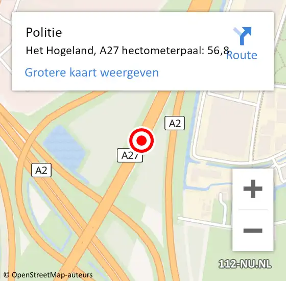 Locatie op kaart van de 112 melding: Politie Het Hogeland, A27 hectometerpaal: 56,8 op 23 november 2022 17:43