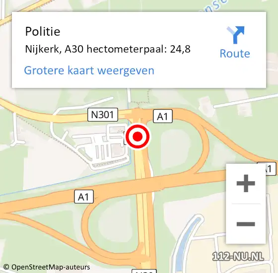 Locatie op kaart van de 112 melding: Politie Barneveld, N30 hectometerpaal: 24,8 op 23 november 2022 17:54