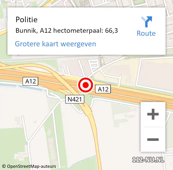 Locatie op kaart van de 112 melding: Politie Bunnik, A12 hectometerpaal: 66,3 op 23 november 2022 18:02