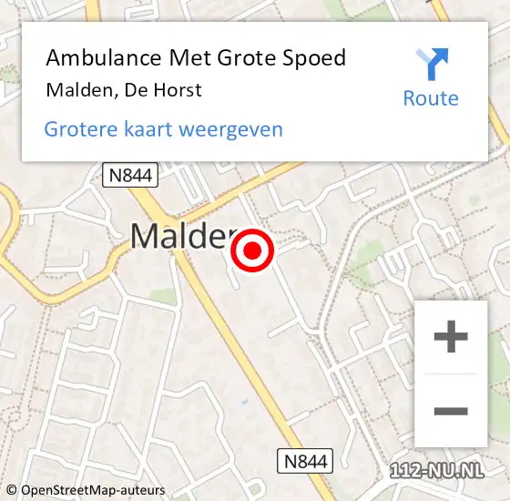 Locatie op kaart van de 112 melding: Ambulance Met Grote Spoed Naar Malden, De Horst op 23 november 2022 19:08