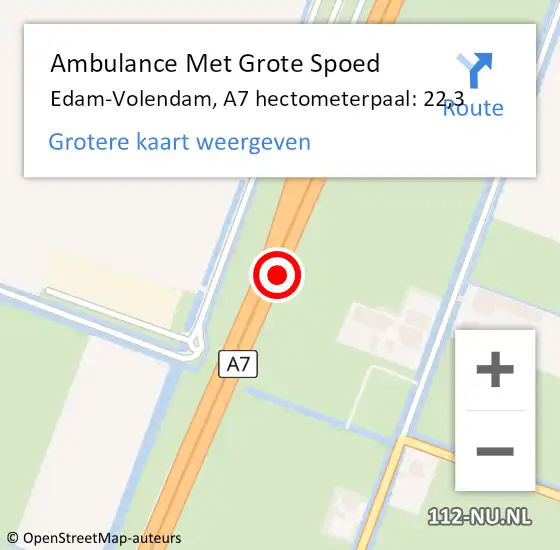 Locatie op kaart van de 112 melding: Ambulance Met Grote Spoed Naar Edam-Volendam, A7 hectometerpaal: 22,3 op 23 november 2022 19:11