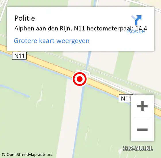 Locatie op kaart van de 112 melding: Politie Alphen aan den Rijn, N11 hectometerpaal: 14,4 op 23 november 2022 22:09