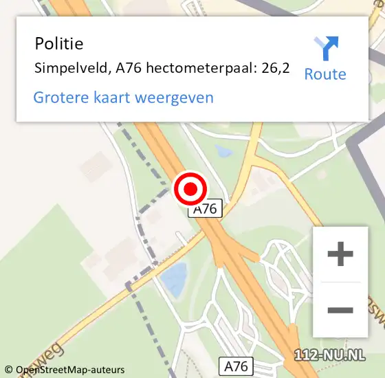 Locatie op kaart van de 112 melding: Politie Simpelveld, A76 hectometerpaal: 26,2 op 24 november 2022 02:05