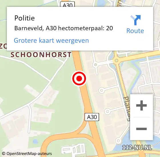 Locatie op kaart van de 112 melding: Politie Barneveld, A30 hectometerpaal: 20 op 24 november 2022 05:19