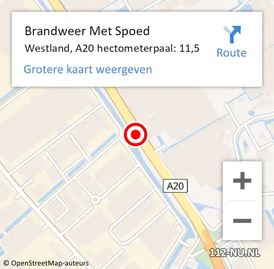 Locatie op kaart van de 112 melding: Brandweer Met Spoed Naar Westland, A20 hectometerpaal: 11,5 op 24 november 2022 05:22