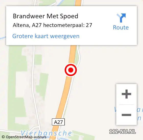 Locatie op kaart van de 112 melding: Brandweer Met Spoed Naar Altena, A27 hectometerpaal: 27 op 24 november 2022 06:53