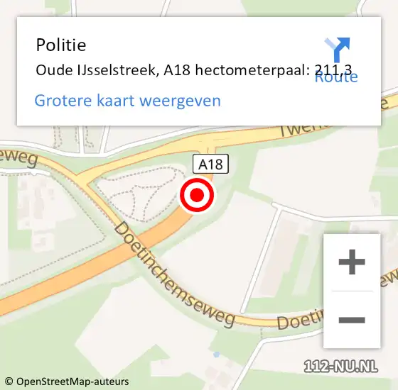 Locatie op kaart van de 112 melding: Politie Oude IJsselstreek, A18 hectometerpaal: 211,3 op 24 november 2022 06:55