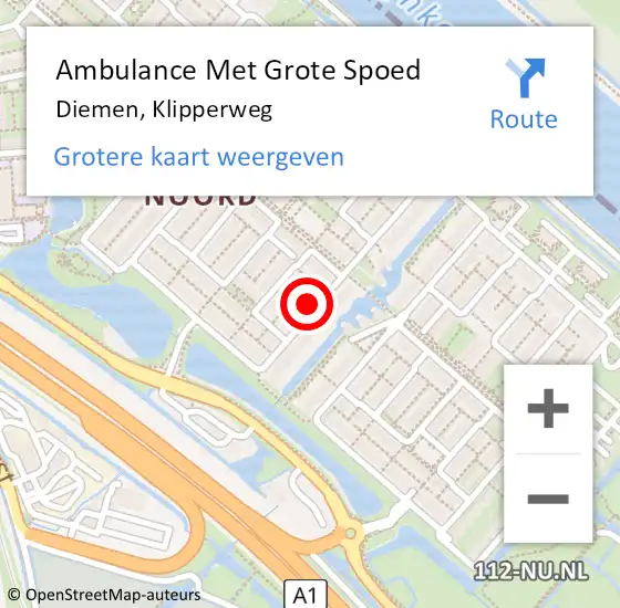 Locatie op kaart van de 112 melding: Ambulance Met Grote Spoed Naar Diemen, Klipperweg op 24 november 2022 07:21