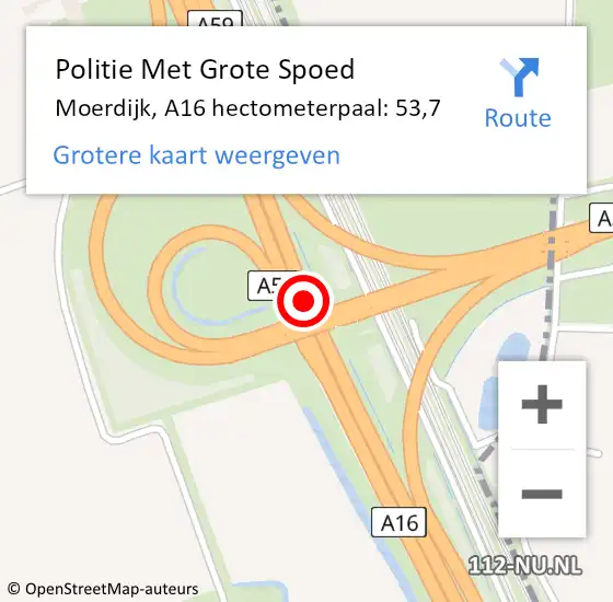 Locatie op kaart van de 112 melding: Politie Met Grote Spoed Naar Moerdijk, A16 hectometerpaal: 53,7 op 24 november 2022 07:30