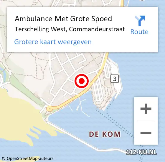 Locatie op kaart van de 112 melding: Ambulance Met Grote Spoed Naar Terschelling West, Commandeurstraat op 6 augustus 2014 01:52