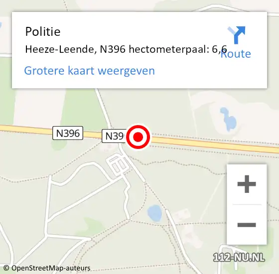 Locatie op kaart van de 112 melding: Politie Heeze-Leende, N396 hectometerpaal: 6,6 op 24 november 2022 10:29