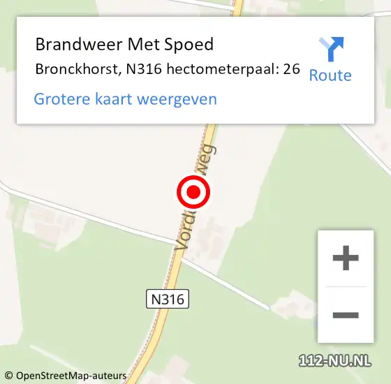 Locatie op kaart van de 112 melding: Brandweer Met Spoed Naar Bronckhorst, N316 hectometerpaal: 26 op 24 november 2022 12:45