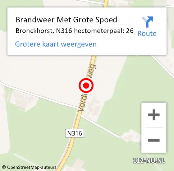 Locatie op kaart van de 112 melding: Brandweer Met Grote Spoed Naar Bronckhorst, N316 hectometerpaal: 26 op 24 november 2022 12:45