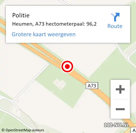 Locatie op kaart van de 112 melding: Politie Heumen, A73 hectometerpaal: 96,2 op 24 november 2022 15:43