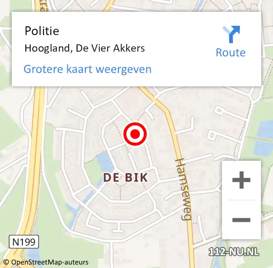 Locatie op kaart van de 112 melding: Politie Hoogland, De Vier Akkers op 24 november 2022 16:16