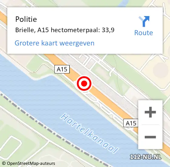 Locatie op kaart van de 112 melding: Politie Brielle, A15 hectometerpaal: 33,9 op 24 november 2022 17:06