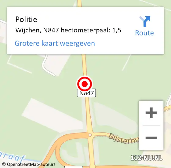 Locatie op kaart van de 112 melding: Politie Wijchen, N847 hectometerpaal: 1,5 op 24 november 2022 17:06