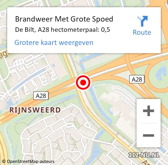 Locatie op kaart van de 112 melding: Brandweer Met Grote Spoed Naar De Bilt, A28 hectometerpaal: 0,5 op 24 november 2022 17:17