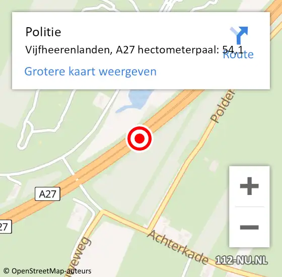 Locatie op kaart van de 112 melding: Politie Vijfheerenlanden, A27 hectometerpaal: 54,1 op 24 november 2022 18:21