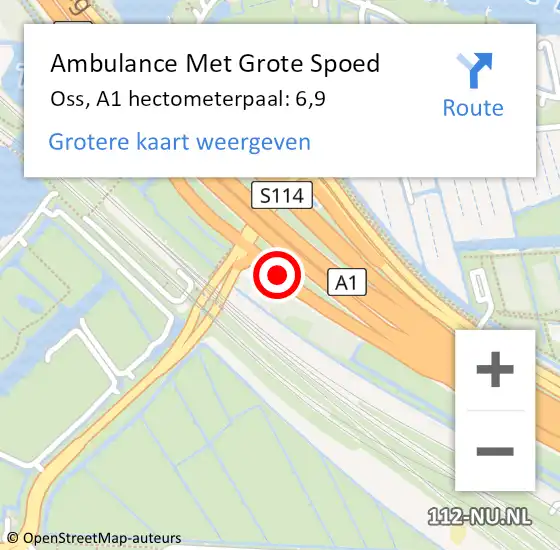 Locatie op kaart van de 112 melding: Ambulance Met Grote Spoed Naar Oss, A1 hectometerpaal: 6,9 op 24 november 2022 18:38