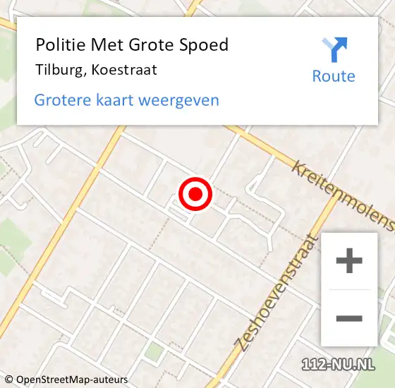 Locatie op kaart van de 112 melding: Politie Met Grote Spoed Naar Tilburg, Koestraat op 24 november 2022 20:05