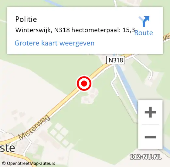 Locatie op kaart van de 112 melding: Politie Winterswijk, N318 hectometerpaal: 15,3 op 24 november 2022 22:40