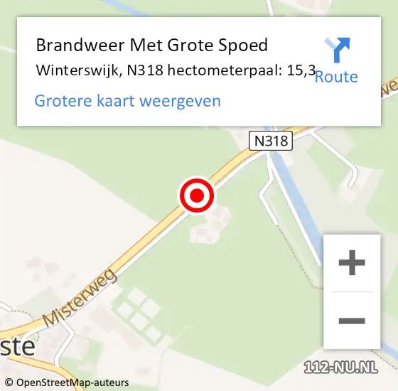 Locatie op kaart van de 112 melding: Brandweer Met Grote Spoed Naar Winterswijk, N318 hectometerpaal: 15,3 op 24 november 2022 22:41