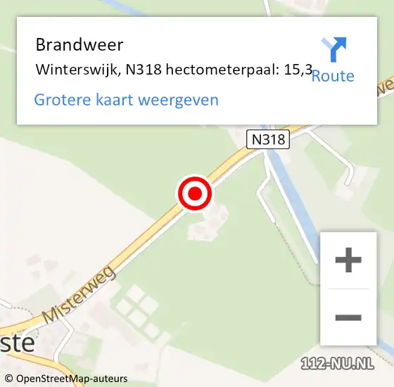 Locatie op kaart van de 112 melding: Brandweer Winterswijk, N318 hectometerpaal: 15,3 op 24 november 2022 22:43