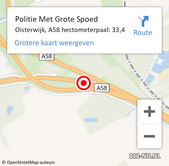 Locatie op kaart van de 112 melding: Politie Met Grote Spoed Naar Oisterwijk, A58 hectometerpaal: 33,4 op 25 november 2022 01:34