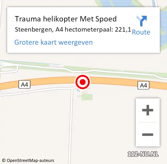 Locatie op kaart van de 112 melding: Trauma helikopter Met Spoed Naar Steenbergen, A4 hectometerpaal: 221,1 op 25 november 2022 03:42