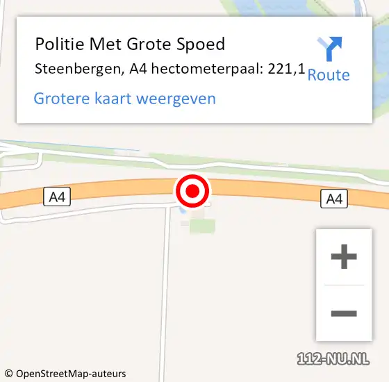 Locatie op kaart van de 112 melding: Politie Met Grote Spoed Naar Steenbergen, A4 hectometerpaal: 221,1 op 25 november 2022 03:42