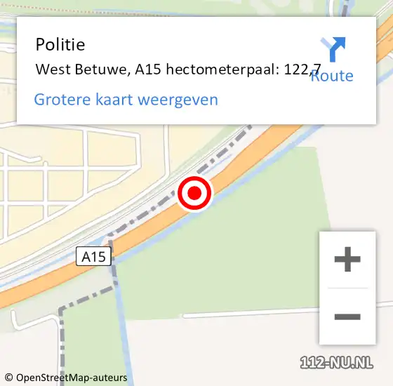 Locatie op kaart van de 112 melding: Politie West Betuwe, A15 hectometerpaal: 122,7 op 25 november 2022 04:18