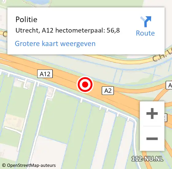 Locatie op kaart van de 112 melding: Politie Utrecht, A12 hectometerpaal: 56,8 op 25 november 2022 08:37