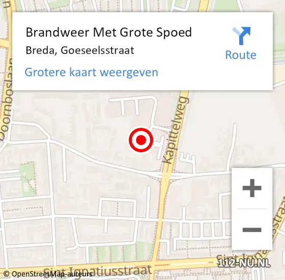 Locatie op kaart van de 112 melding: Brandweer Met Grote Spoed Naar Breda, Goeseelsstraat op 25 november 2022 08:38
