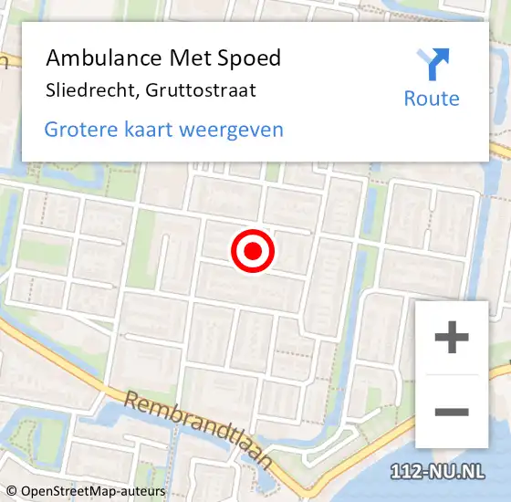 Locatie op kaart van de 112 melding: Ambulance Met Spoed Naar Sliedrecht, Gruttostraat op 25 november 2022 08:53