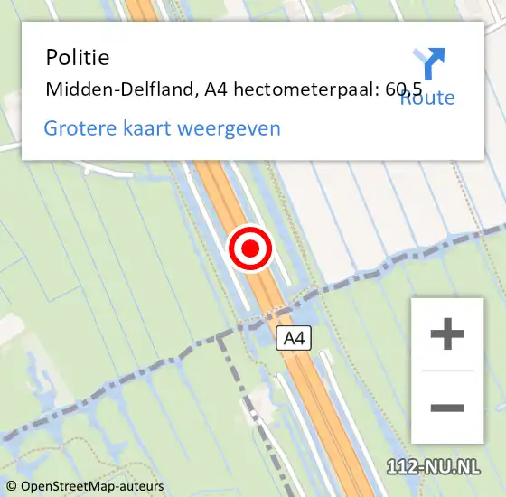 Locatie op kaart van de 112 melding: Politie Midden-Delfland, A4 hectometerpaal: 60,5 op 25 november 2022 09:06