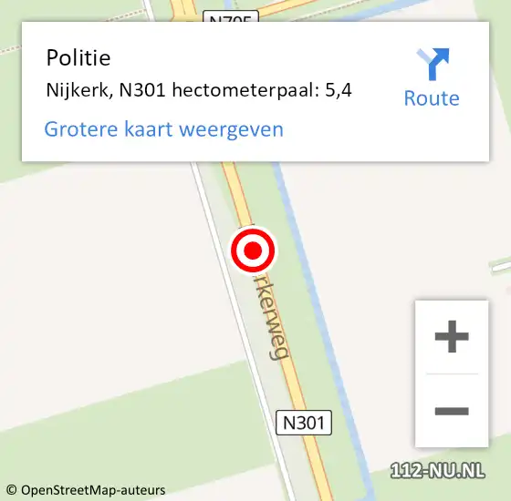 Locatie op kaart van de 112 melding: Politie Nijkerk, N301 hectometerpaal: 5,4 op 25 november 2022 11:38