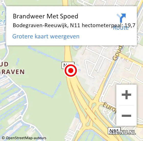 Locatie op kaart van de 112 melding: Brandweer Met Spoed Naar Bodegraven-Reeuwijk, N11 hectometerpaal: 19,7 op 25 november 2022 11:45