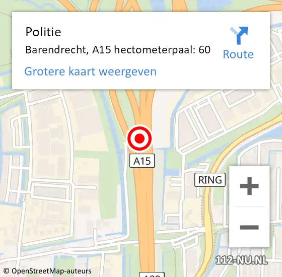 Locatie op kaart van de 112 melding: Politie Barendrecht, A15 hectometerpaal: 60 op 25 november 2022 11:52