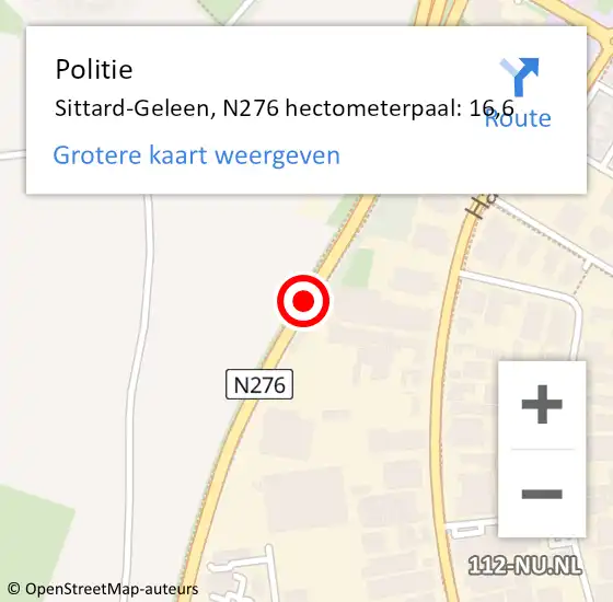 Locatie op kaart van de 112 melding: Politie Sittard-Geleen, N276 hectometerpaal: 16,6 op 25 november 2022 13:32