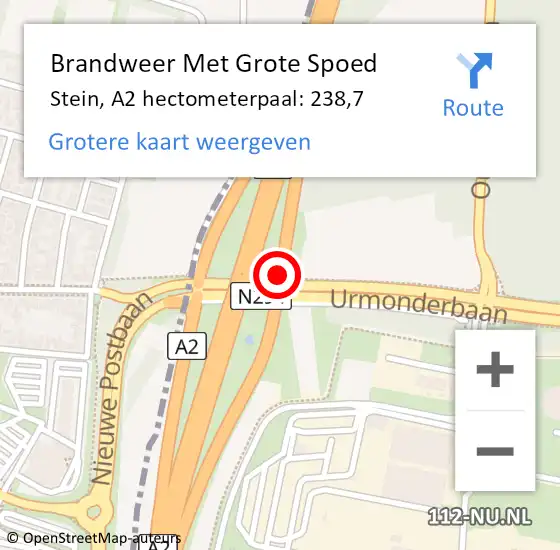 Locatie op kaart van de 112 melding: Brandweer Met Grote Spoed Naar Stein, A2 hectometerpaal: 238,7 op 25 november 2022 14:11